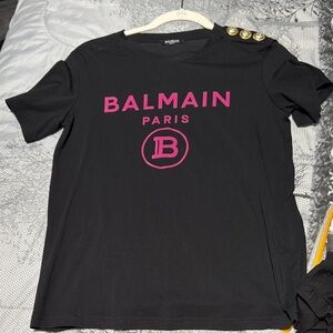 Balmain Black Tee with Pink Logo and Gold Buttons